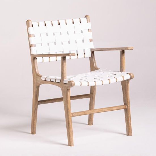 London Armchair - Real White Leather Strap Seat - Natural Teak Frame