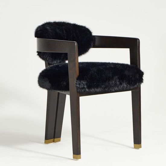 Alaska Dining Chair Black Faux Fur Solid Oak Cut-Out Curved Frame Brass Caps