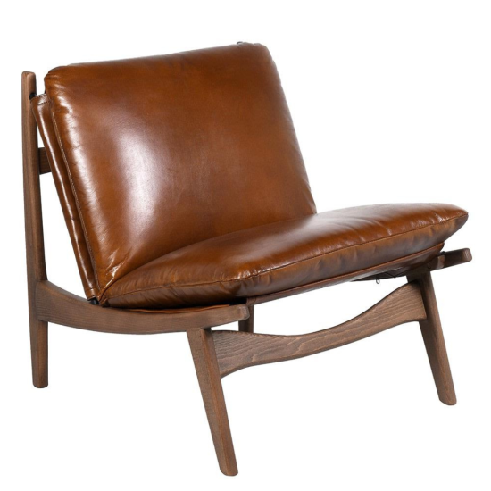 Sherlock Accent Chair - Real Brown Leather Seat - Wood Frame