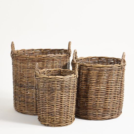 Old French Storage Baskets - Rattan Wicker - Round with Handles - Set of 3