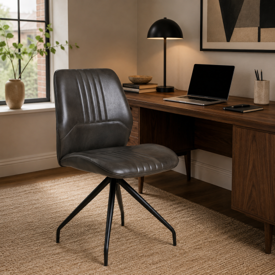 Civic Office Chair - Grey Leather Seat - Black Metal Base