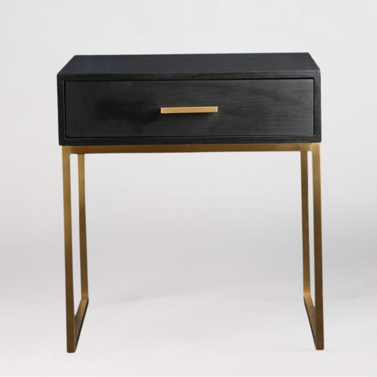 Pablo Bedside Table - Single Drawer - Black Wood - Gold Stainless Steel Frame