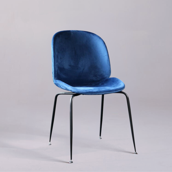 Velvet Dining Chair - Blue Velvet Upholstered Seat - Black Metal Legs