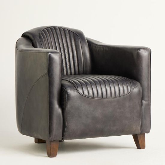 Piccadilly Armchair - Curved Antique Black Real Leather Seat - Wood Feet