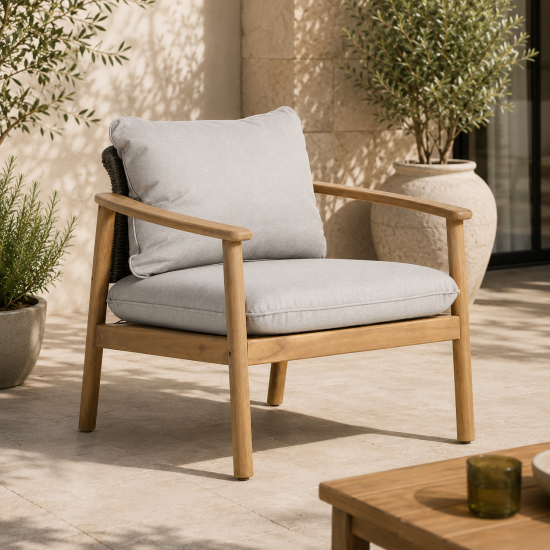 Jakarta Garden Armchair - Grey Cushion Seat - Acacia Wood Frame