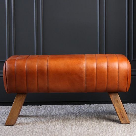 Pommel Bench - Real Brown Leather Seat - Natural Wood Legs - 88cm