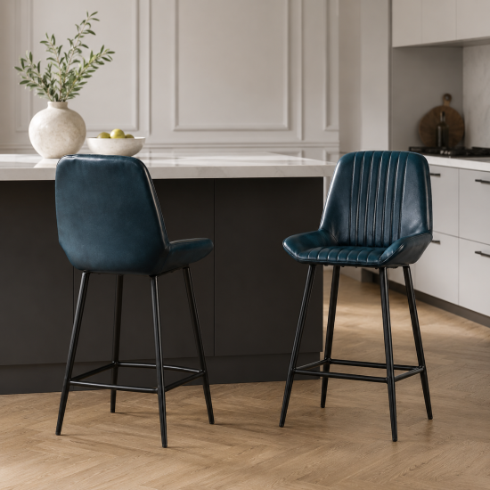 Brooklyn Bar Stool - Blue Leather Seat - Black Metal Base - 66 cm