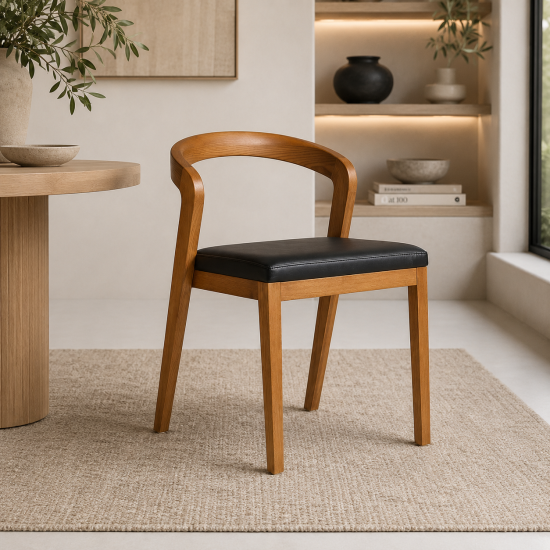 Ikast Dining Chair - Black Faux Leather Seat - Walnut Ash Frame