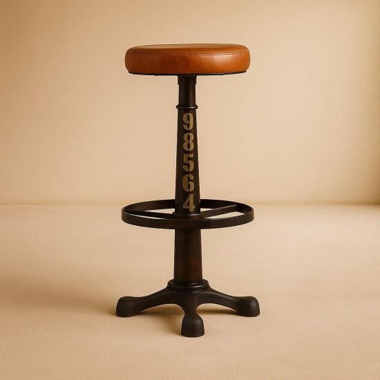 Singer Bar Stool - Tan Leather Round Seat - Metal Base - 67cm