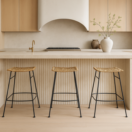 Jawit Bar Stool - Grey Rattan Seat - Black Backless Base - 66cm