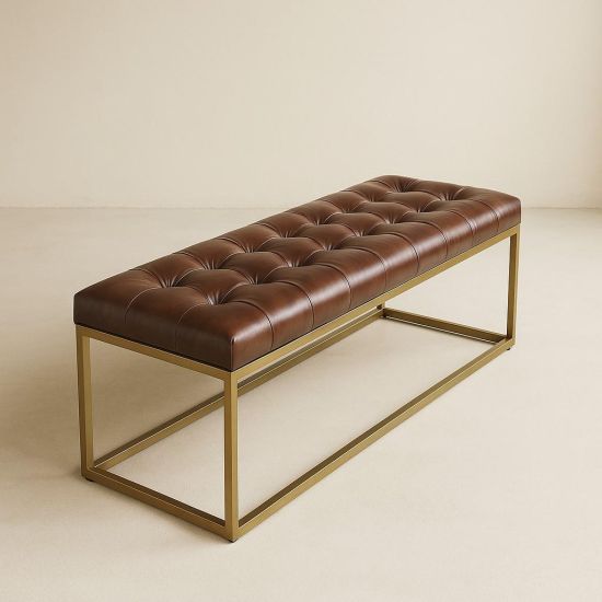 Oxford Ottoman - Dark Brown Leather Bench Seat - Brass Base - 140cm