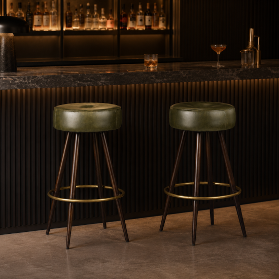 Crompton Bar Stool - Green Leather Seat - Pewter and Brass Base - 75cm