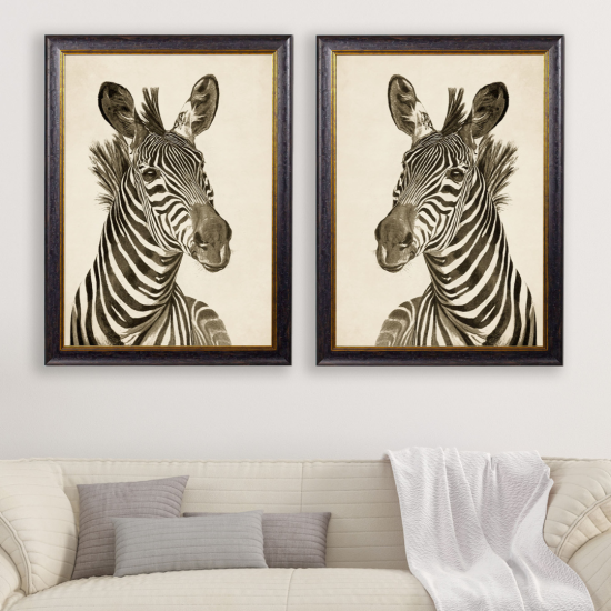 Zebra Framed Wall Art - Black & Gold Frame - Set of 2