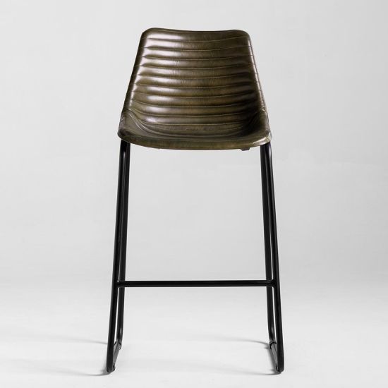 Road House Bar Stool - Green Ribbed Real Leather Seat - Black Base - 66cm