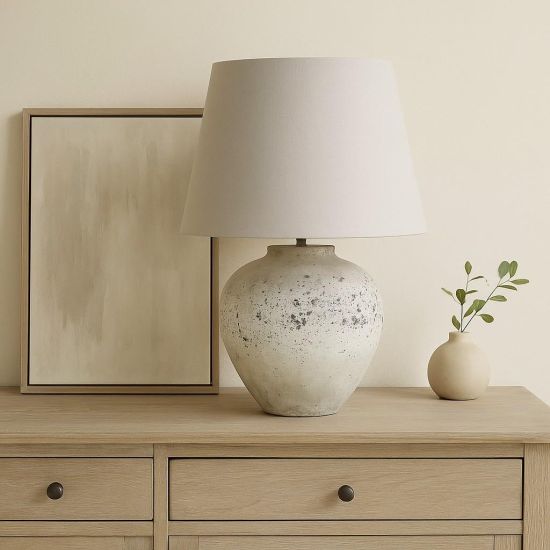 Hugh Table Lamp - Grey Light Shade - Ceramic Natural Stone Effect Base - 64cm