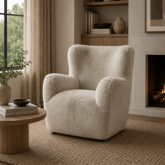 Lobo Armchair - Grey Faux Fur Accent Chair - Black Wood Feet