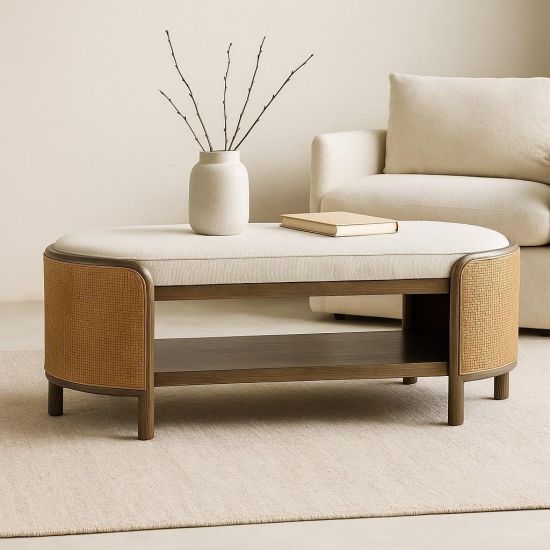 Richmond Oval Bench - Linen Fabric Seat - Cane Sides - Dark Brown - 116cm