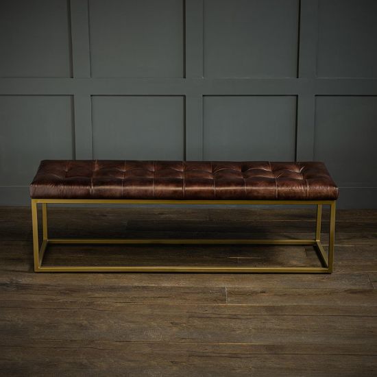 Oxford Ottoman - Dark Brown Real Leather Bench Seat - Brass Base - 140cm