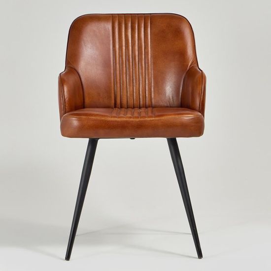 Ancoats Dining Chair - Tan Real Leather Seat - Black Base