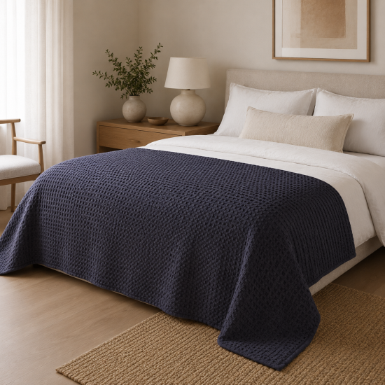Dark Grey Waffle Cotton Bedspread - 2.5 x 2.6m Bed Runner