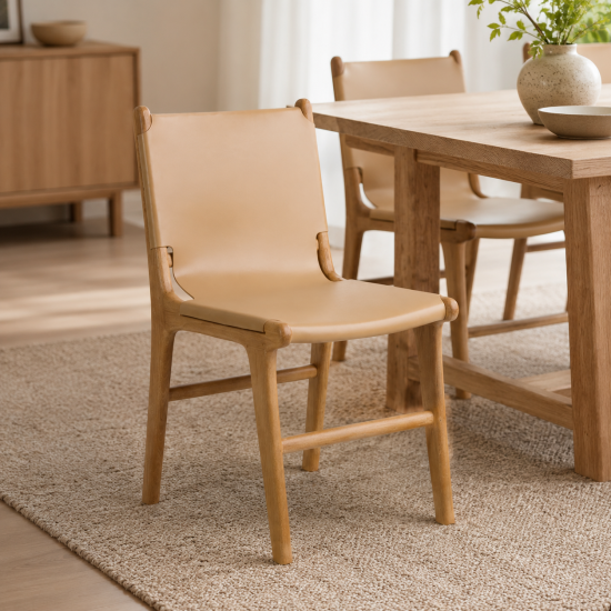 London Dining Chair - Taupe Leather Sling Seat - Teak Frame