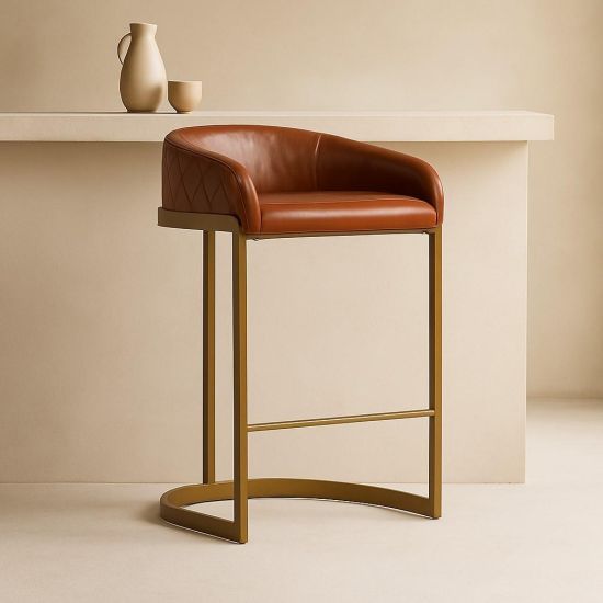 Spinningfields Bar Stool - Brown Leather Seat - Gold Base - 74cm