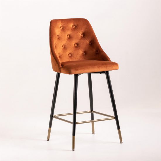Belgravia Bar Stool - Velvet Rust Orange Seat - Black & Brass Metal Legs - 66cm