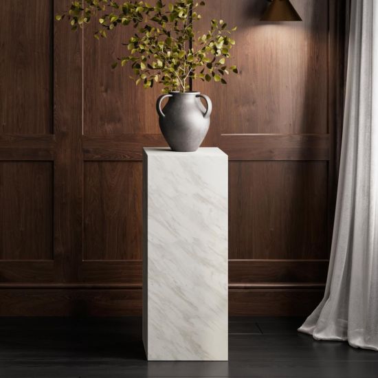 OTI Sur Pedestal Table - White Marble Effect - Square Sculptural Design