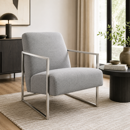 Zara Armchair - Dove Grey Tweed Fabric Seat - Silver Metal Frame