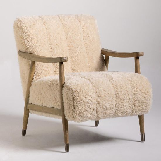 Barcelona Armchair - Faux Sheepskin Fur Sand Seat - Solid Oak Brushed Frame