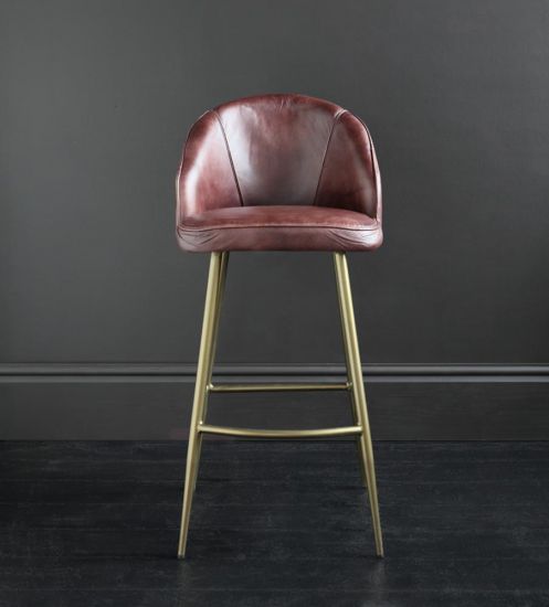 Ivy Bar Stool Brown Leather Seat with Dull Gold Metal Base 75 cm
