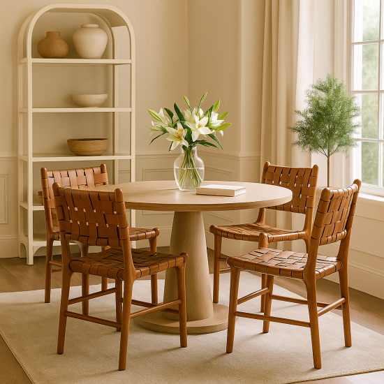 London Dining Chair - Tan Woven Leather Seat - Teak Frame