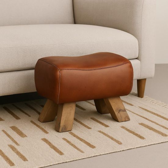 Pommel Footstool - Tan Leather Seat - Natural Legs