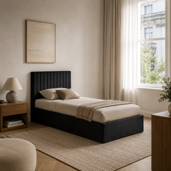 Luna Ottoman Storage Single Bed - Soft Black Velvet Frame - Lower Headboard