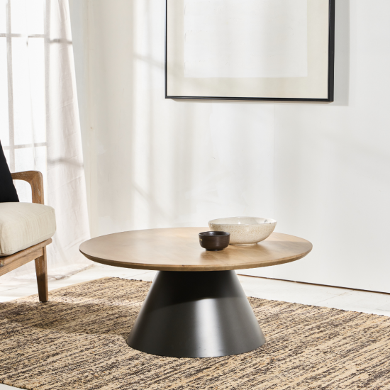 Duke Coffee Table - Round Mango Wood Top - Grey Metal Base - 90cm