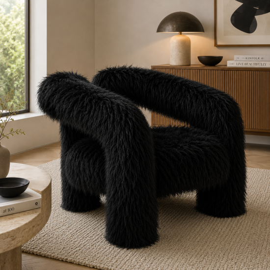 Fenrir Armchair - Black Faux Mongolian Sheepskin - Curved Tripod Frame