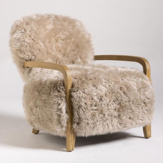 Eskimo Accent Chair - Long Real Sheepskin Fur - Taupe - Solid Oak Frame