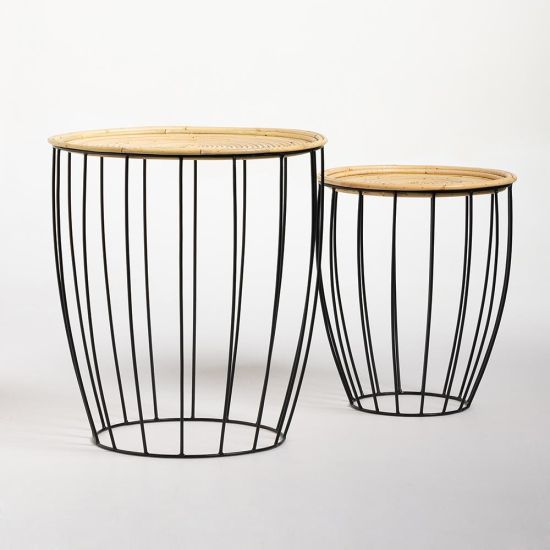 Cone Side Table - Round Rattan Top - Iron Wire Drum Shape Frame - 35 x 50cm