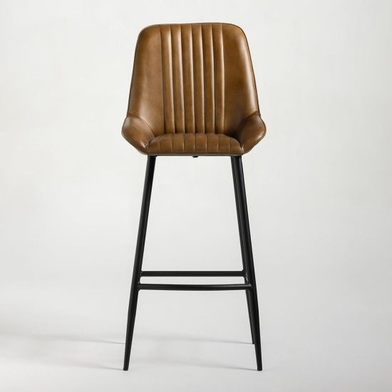 Brooklyn Bar Stool - Olive Brown Real Leather Seat - Black Metal Base - 75cm