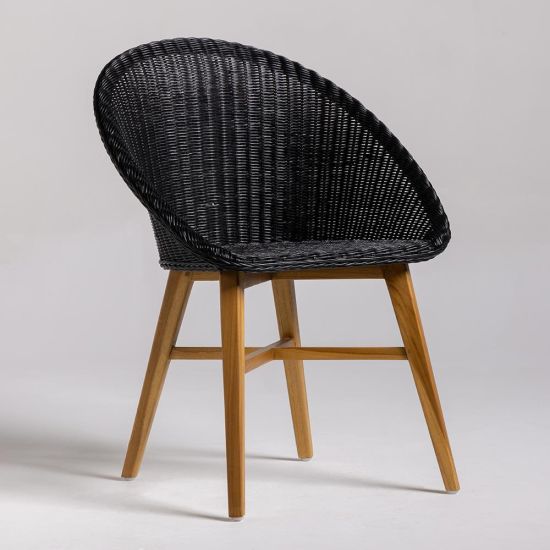 Bobby Dining Chair - Black Curved Rattan Weave Seat - Natural Teak Base