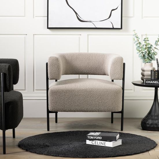 Cheam Occasional Armchair - Greige Boucle Seat - Black Curved Metal Frame