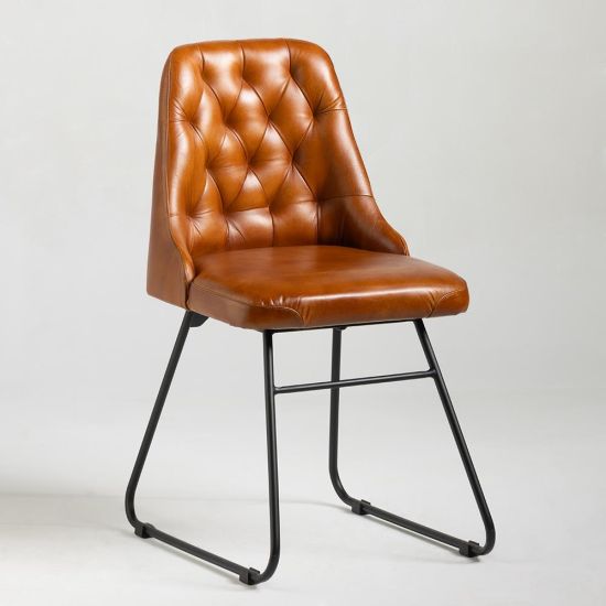 Hague Dining Chair - Tan Real Leather Seat - Black Base