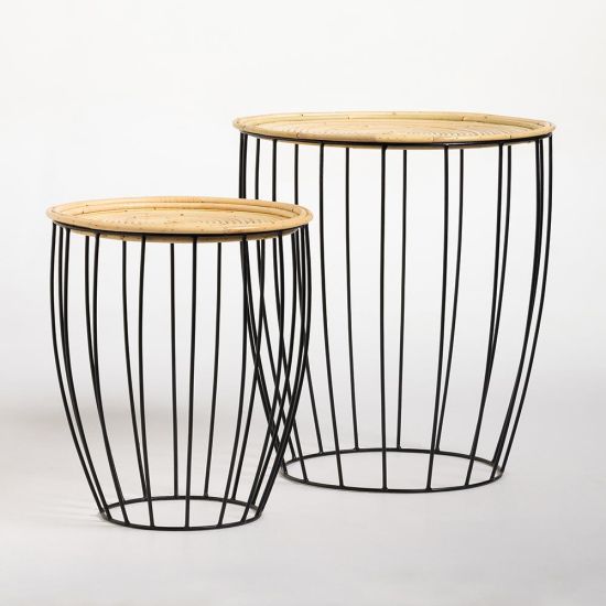 Cone Side Table - Rattan Top - Metal Iron Wire Frame - Set Of 2
