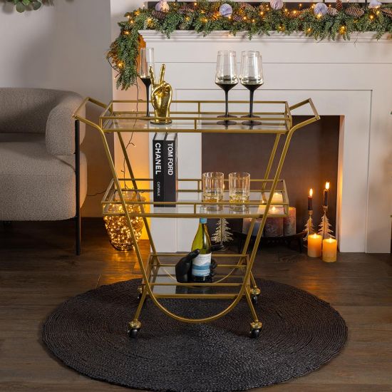 Buchanan Drinks Trolley - 3 Tier Glass Shelves - Gold Metal Frame