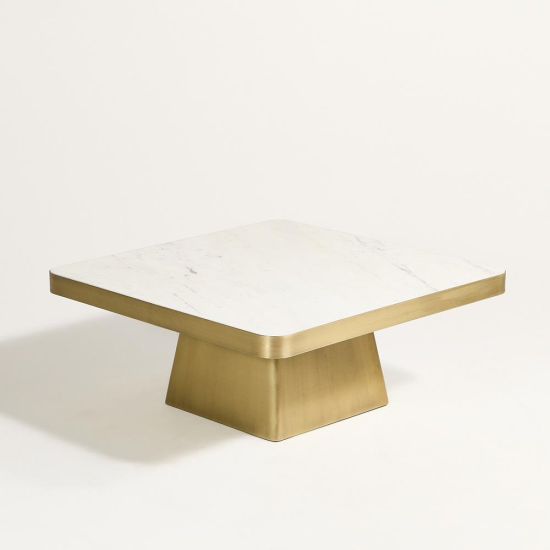 Maven Coffee Table - Square White Marble Top - Gold Metal Base