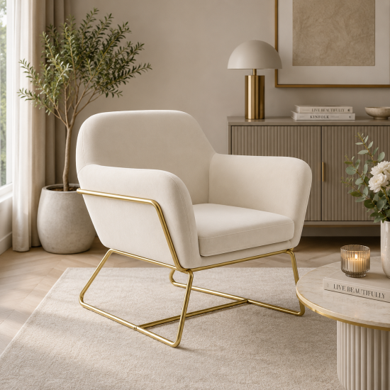 Troy Armchair - Cream Velvet Fabric Seat - Brushed Gold Metal Frame