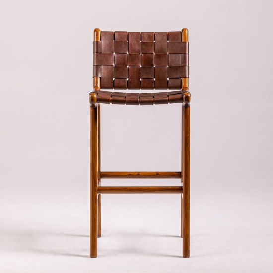London Bar Stool - Brown Leather Seat - Teak Base - 64cm