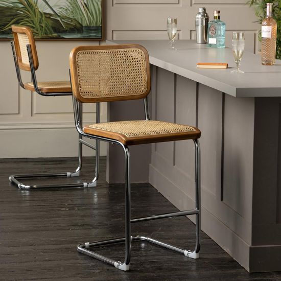 Cesca Inspired Bar Stool - Brown Cane Seat - Metal Chrome Frame - 64cm