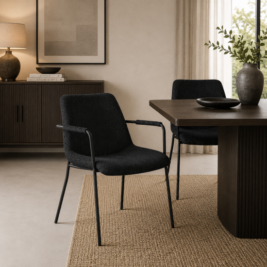 Reese Dining Armchair - Black Velvet Seat - Black Metal Frame - Set of 2