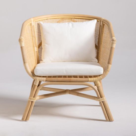 Shore Armchair - White Upholstered Cushioned Seat - Natural Rattan Tub Frame
